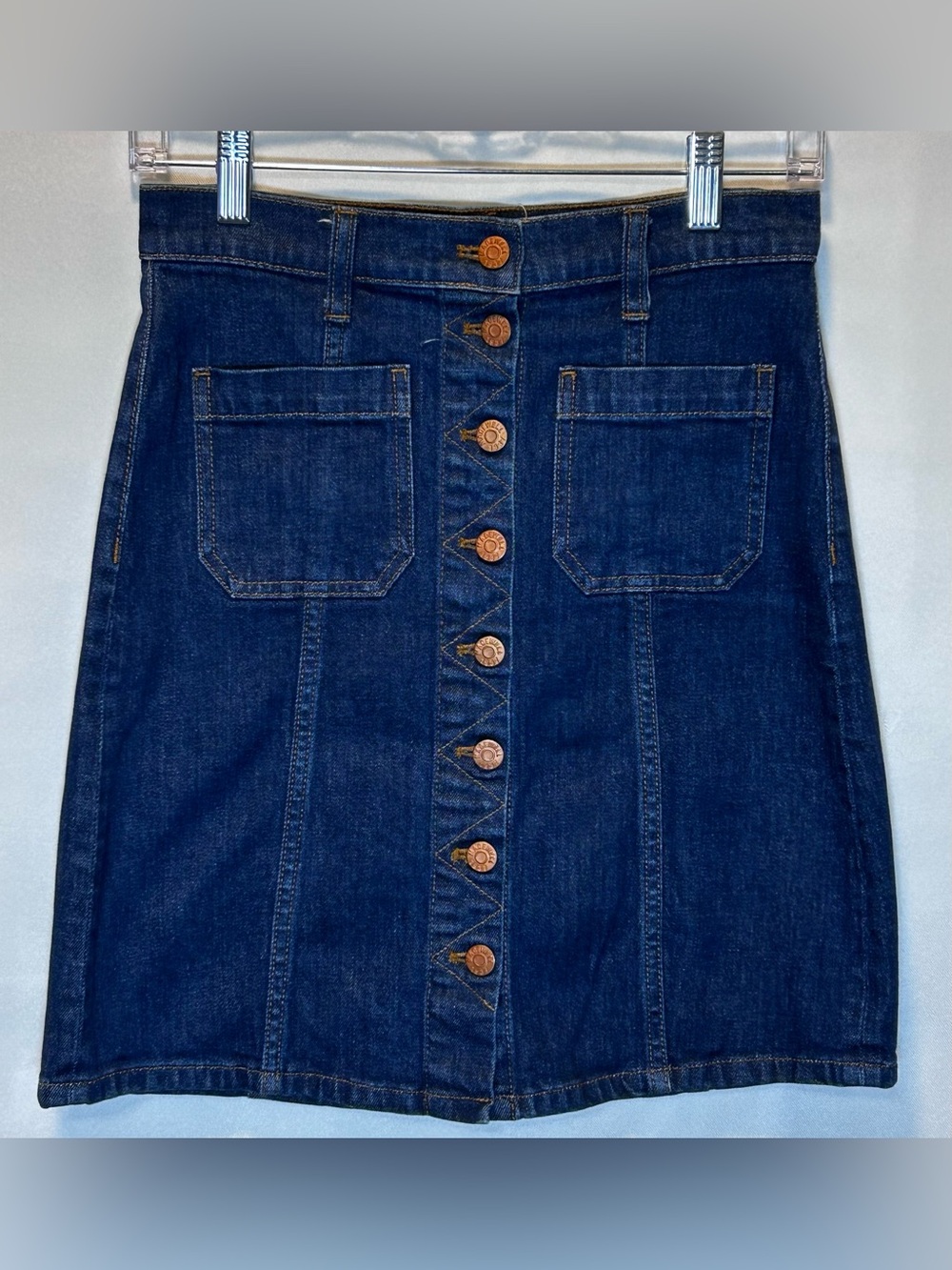 Madewell Classic A-Line Button Down Patch Pocket Stretch Denim Skirt Sz 25